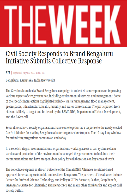 CSTEP mentioned in an article in The Week on Brand Bengaluru campaign